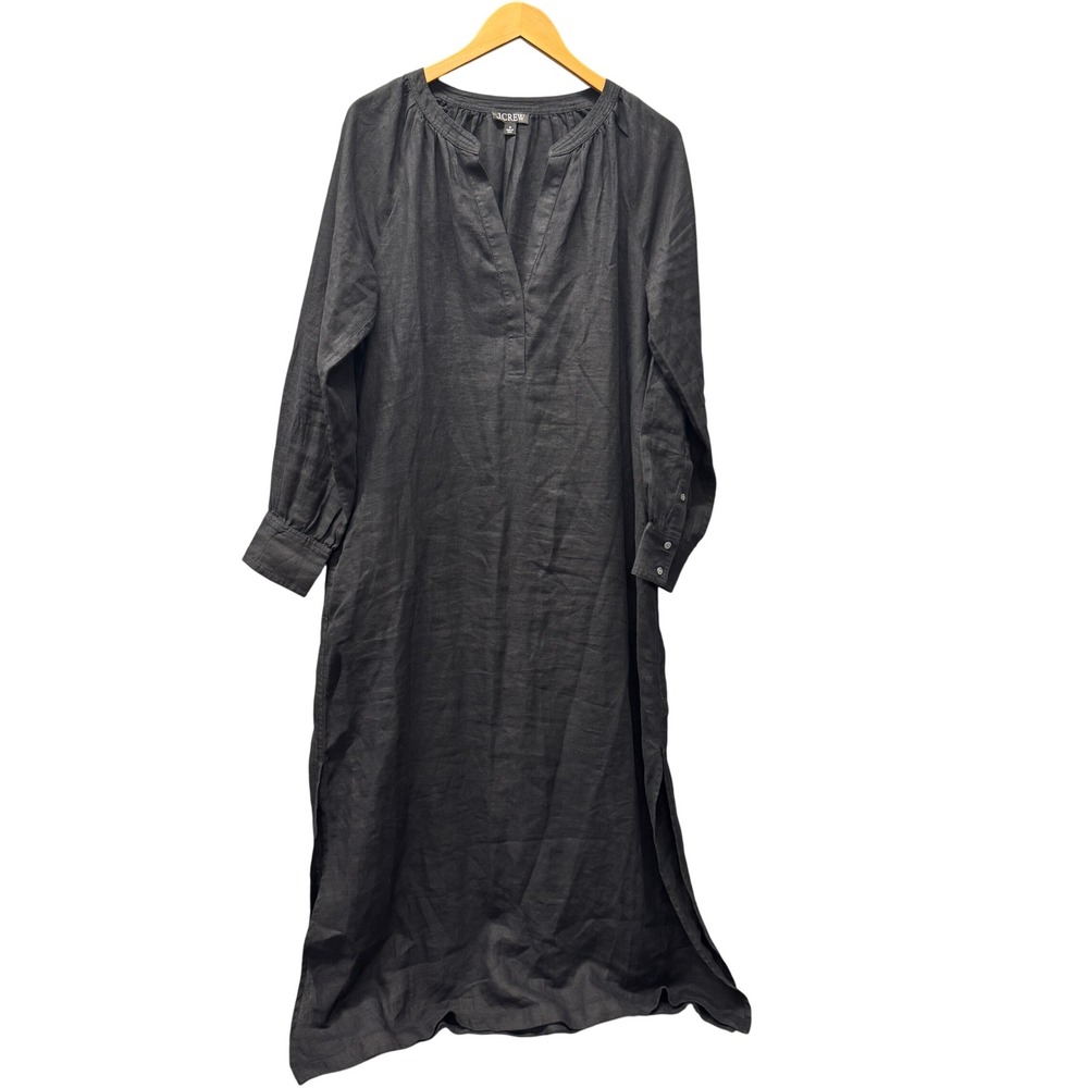 J.Crew Maxi Dress Womens M Linen Cabana Caftan Black Coastal V-Neck Pullover